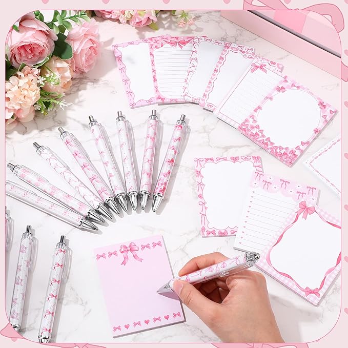 24 Pcs Pink Bow Sticky Notes with Pens Coquette Bow Themed Self Adhesive Notepad Black Ink Ballpoint Pen Office Supplies Coquette Gift for Birthday, Bachelorette, Bridal, Engagement