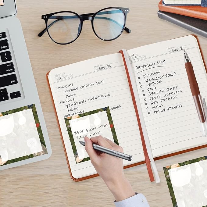 Sticky Notes, 2 Pads, 3x3 inches, Cute Colorful Fun Self-Stick Note Pads, Easy Post, Strong Adhesive Notepad Green Duck and Cat Scene