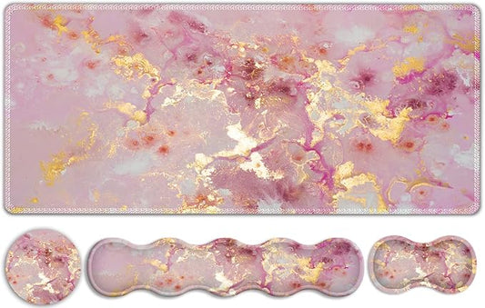 Gaming Mouse Pad Keyboard Wrist Support, 4 in1 Mousepad Set with Wrist Keyboard Rest, Computer Desk Mat, Non-Slip Desk Pad Protector with Memory Foam Easy Typing Pain Relief I Nice Pink Marble