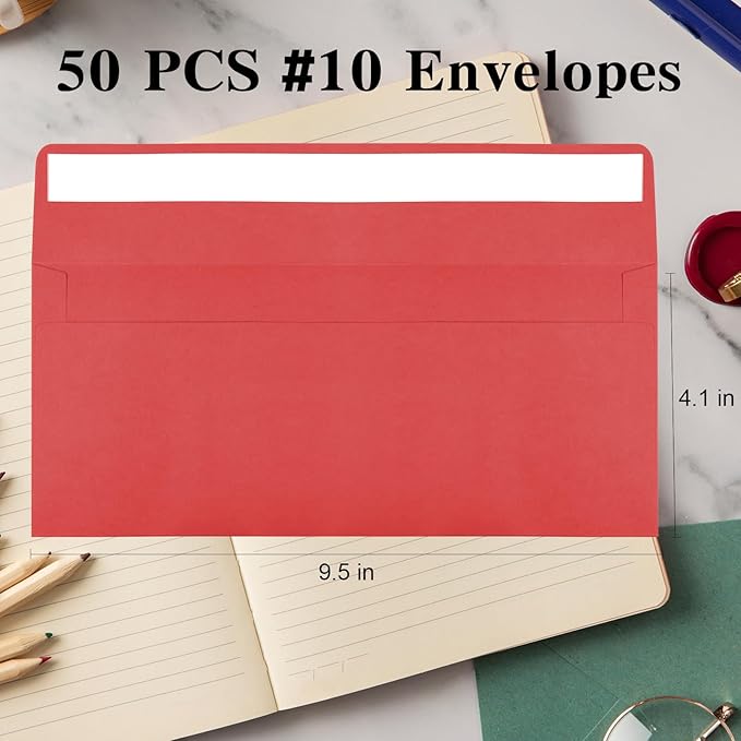 50 Pack Red #10 Business Envelopes, Standard Envelopes Self Seal, 4 1/8 x 9 1/2 Inch Letter Size Business Mailing Envelopes for Checks Invoices Statements Baby Shower Christmas Wedding Birthday