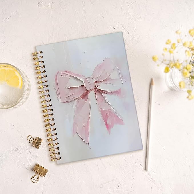 MOFUYU Coquette Pink Bow Spiral Journal Notebook,Cute Notebooks for Women,Journal for Women Bow,Pink School Supplies Hardcover Spiral Notebook 5.5x8.3 Inch
