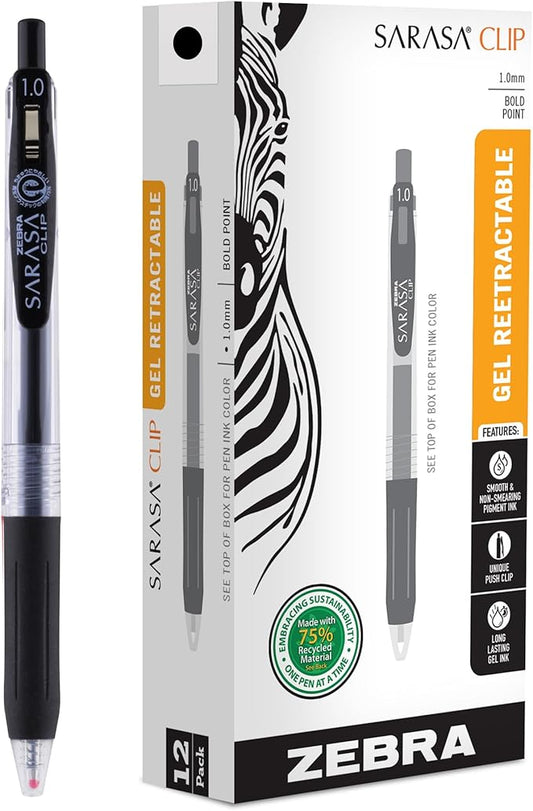 Zebra Pen Sarasa Clip Recycled Retractable Gel Pen, Bold Point, 1.0mm, Black Ink, 75% Recycled, 12-Pack (48810)