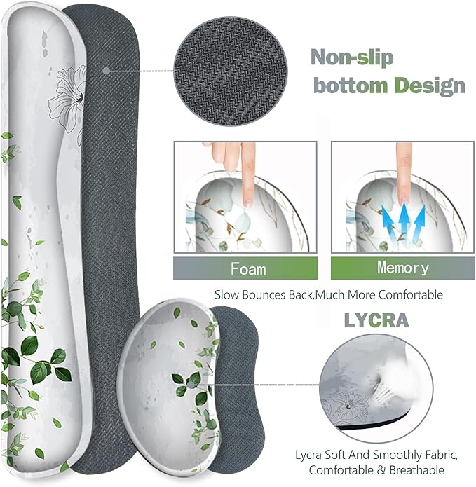 ARTSO Gaming Mouse Pad Wrist Support Set, XXL Large Desk Mat Mousepad + Keyboard Wrist Support+ Mouse Wrist Rest+Coaster 4in1 Ergonomic, Memory Foam -Green Leaves and Line Flower