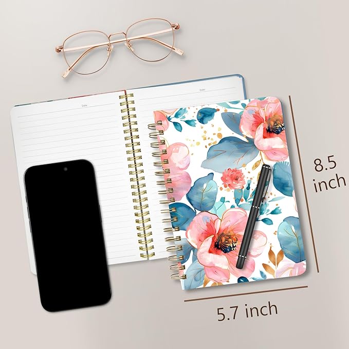Cute Spiral Notebook journal A5 Aesthetic Pretty Floral Design for Women Girls Kawaii with Pocket, 8.5 x 5.7 inch, Pink Peony