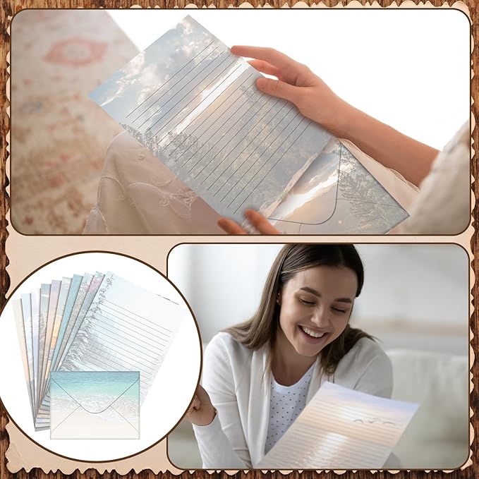 TaoBary 160 Pcs Stationery Paper Set 50 Double Sided Stationery Papers with 50 Matching Envelopes and 60 Round Dot Sticker, 10 Design(Scenic Nature,5.5 x 8.25 Inch)