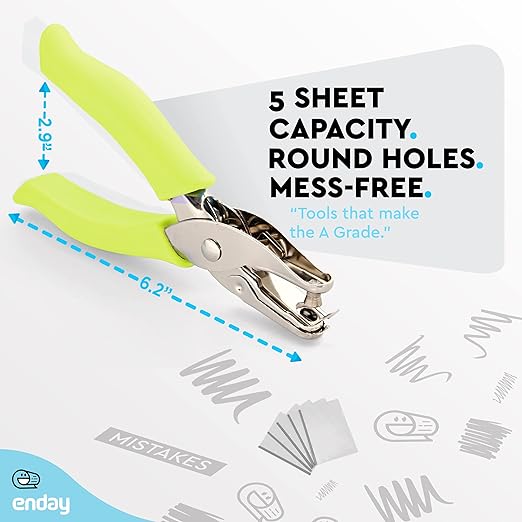 Single Hole Punch Metal Green, 1/4” Hole Puncher with Soft Grip Handles for Paper and Crafts Round Circle Shape, for Kids and Adults, Also Available in Purple, Pink, Red, Blue, Grey, 1 Pc – by Enday