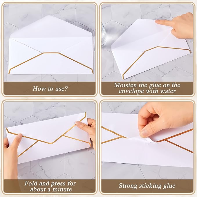Ireer 100 Pcs #10 White Business Envelopes Letter Size with Gold Border 9.45 x 4.13 Inch Self Seal Decorative Gift Envelopes for Cards Letters Invitation Office Wedding Birthday Supplies