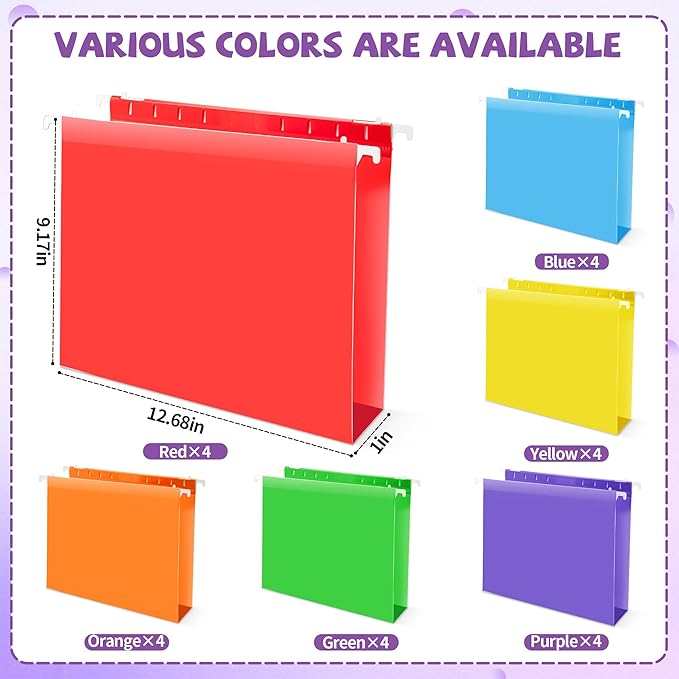 24 Pcs Plastic Hanging File Folders, Letter Size Reinforced Hanging File Folders with Insertable 1/5 Cut Tabs, Assorted Color Coded Organizers for Office Home Filing Cabinets Classroom Supplies