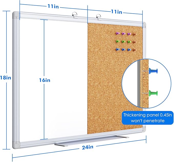 Magnetic White Board and Cork Board Combo, 24 X 18 inches Whiteboard Bulletin Combination Board, Wall Mounted Dry Erase Message Board for Home, School and Office