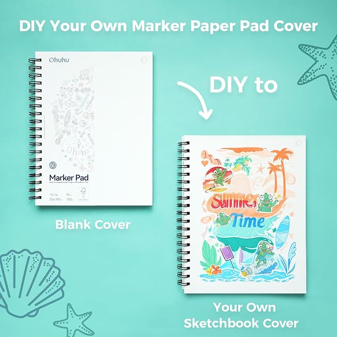 Ohuhu Double-Sided Marker Pad Art Sketchbook Bleedproof - 7"x10" Large Paper Size - 90 lb/150 gsm Smooth Drawing Paper - 60 Sheets/120 Pages - Spiral Bound Sketching Book for Alcohol Markers