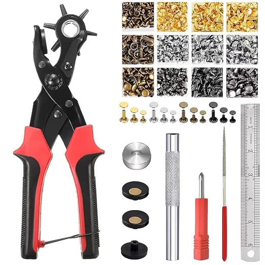 Belt Hole Puncher with 240 Sets of Leather Rivets - Updated Hole Sizes Puncher for Belt, Watch Band, Strap, Dog Collar, Saddle, Shoes, Fabric, DIY Home or Craft Project
