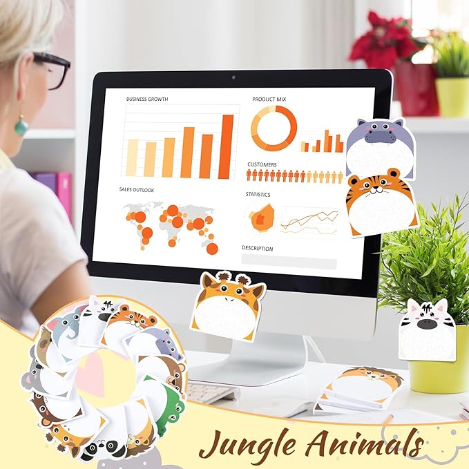 Yinder 24 Pads Cute Sticky Notes Kawaii Fun Animal Sticky Notes Pads Bulk Cartoon Memo Self Adhesive for Veterinary Gift Office School Tab Party Supplies(Safari Animals)