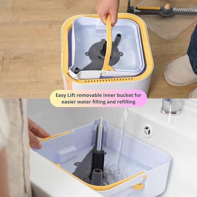 Spin Mop and Bucket System PRO w/Detachable Inner Bucket, Separates Clean and Dirty Water, Self Standing, Foldable Square Mop Head, Triple Jet Stream w/Hidden Brush, Replaceable 2pc Pads