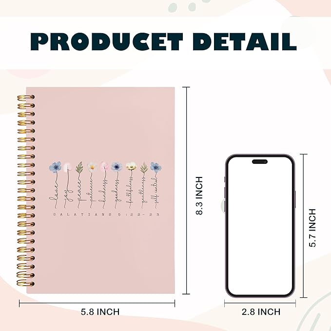 BearCake Fruit of the Spirit Boho Floral Christian Notebook Journal,Bible 5:22-23 Christian Gifts for Women,Bible Notebooks for Note Taking, Bible Journaling Notebook,Spiral Notebook 5.5x8.3 pink