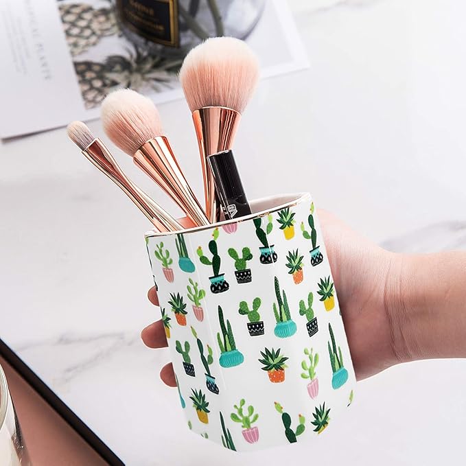 Pen Holder, Makeup Brush Holder Ceramic Shiny Gold Tropical Cactus Green Succulents Pattern Pencil Cup for Girls Kids Women Durable Stand Desk Organizer Storage Gift for Office, Classroom, Home