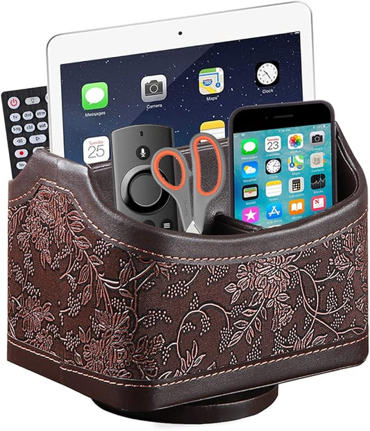 PU Leather Remote Control Organizer with 360° Spinning Design,Desk Organizer for TV Remote,Phone,Pen,Glasse,Mail,Tablet,Calculator,Controller-Home & Office Storage Caddy (Antique Brown) ﻿