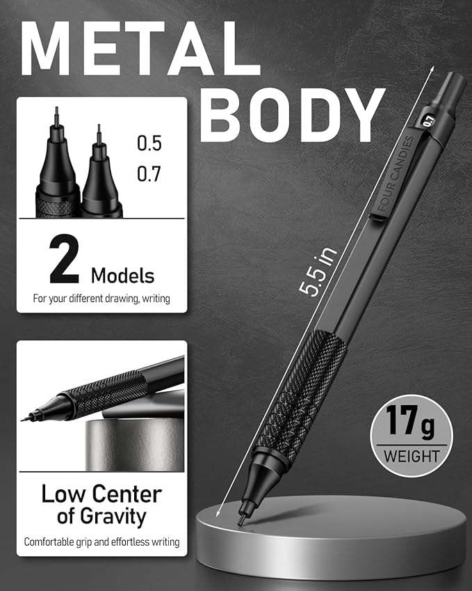 Four Candies 2PCS Metal Mechanical Pencils Set with Case, 0.5mm & 0.7 mm Artist Pencil with 6 Tubes (360PCS) HB Lead Refills, 3 Erasers,9 Eraser Refills For Writing Drafting, Drawing, Black&Silver