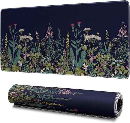 Wildflower Mouse Pad Abstract Black Mouse Pad 31.5x11.8 Inch Flower Texture Non-Slip Rubber Base Large Mousepad Stitched Edges Keyboard Mouse Mat Desk Pad for Office and Home
