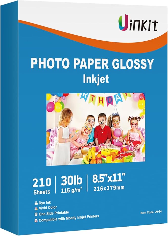 Uinkit 210 Sheets Single Side Thin Paper Glossy Photo Print Inkjet 8.5x11 Letter Size 30lb DIY Chip Bag Party Favors Brochure Flyer Picture Photos Printer 115gsm