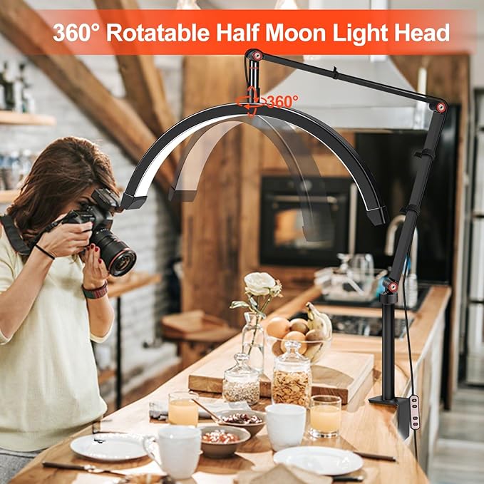 Professional LED Desk Lamp, Half Moon Light for Desk with Clip&Phone Holder, Esthetician Light with Adjustable 10-Level Dimming & 3 Color for Work,Office,Makeup,Nail Salon,Tattoo,Craft (Black)