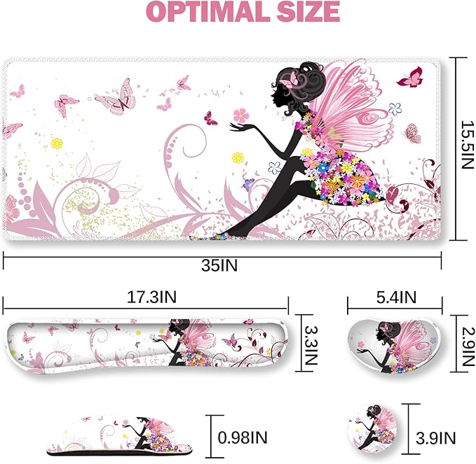 ARTSO Extended Gaming Mouse Pad Set, Keyboard Wrist Rest Support Pad + Wrist Cushion + XXL Large Mouse Pad + Coaster, Stitched Edge, Non-Slip, Memory Foam Desk Mat, Pink Butterfly Girl