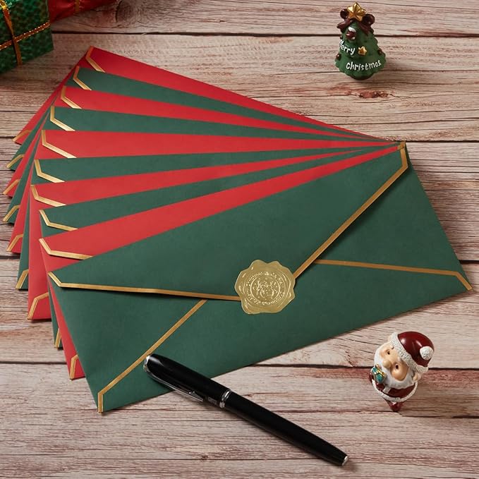 50 Pack Christmas #10 Business Envelopes with Gold Border, Self Seal Standard Envelopes with Gold Stickers for Office, Checks, Letter Mailing, Invoices, 4 1/8 x 9 1/2 Inches (Christmas Green Red)