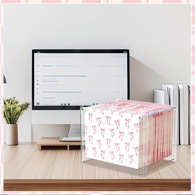 24 Hanging File Folder with Acrylic Organizer for Letter/a4 Size Desktop Clear File Storage Box with Handles for Home Work Office Use(Pink,Bow)