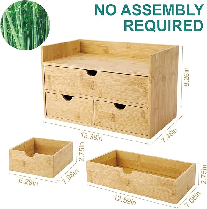 3 Drawer Bamboo Desk Organizer with Shelf – Makeup Storage & Tabletop Organizer for Home Office, Workspace, or Bathroom – No Assembly Required
