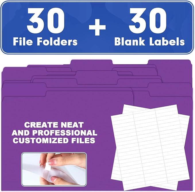 File Folder, HERKKA 30 Pack 1/3 Cut Tab File Folders, File Folders Great for Organizing and Filing, Letter Size, Purple