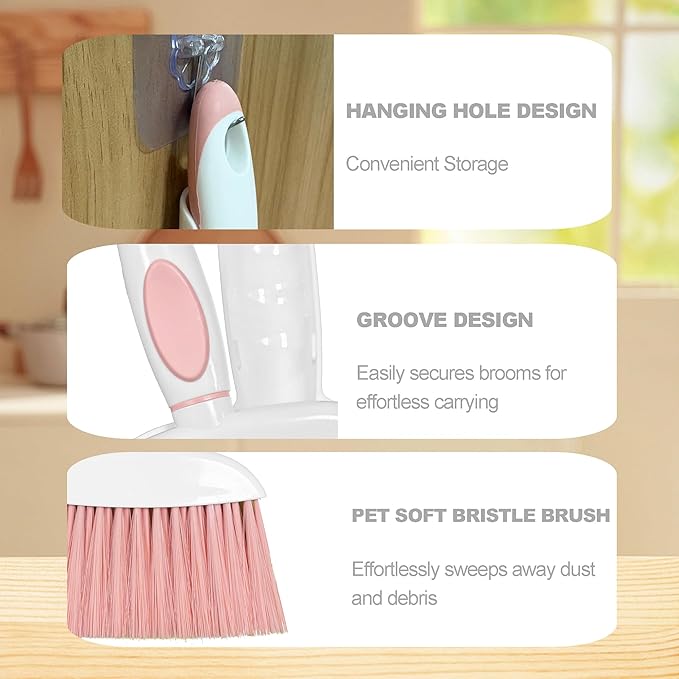 NBGYTECH Mini Broom and Dustpan Set Small Broom with Dustpan Combo Set Portable Cleaning Tools for Home Office RV Learning Camping (White+Grey)