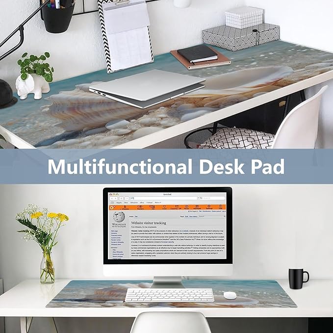 Mouse Pad Desk Mat Leather Desk Pad Large Gaming Desk Cover Protector Mat for Keyboard Computer Laptop Office Waterproof 47.2 x 23.6 Inch Blue Sea White Shell