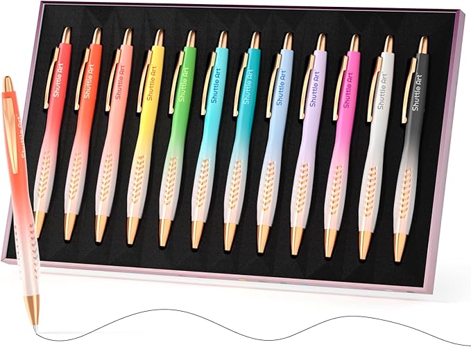 Shuttle Art Fancy Pens Gift Set, 12 Pack Colored Retractable Black Ink Ballpoint Pens, Cute Pens 1.0mm Medium Point Waterproof Elegant Gift Set for Writing Journaling Note Taking School Office Home