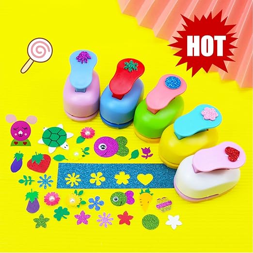 6 Pcs Colorful Craft Hole Punch with 10 Glitter Cardstock Papers, Decorative Scrapbook Paper Puncher Set, Different Shape Paper Hole Puncher Set for Office Supplies (6 Pcs- Different Shapes)