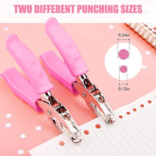 2 PCS Hole Punch, Diameter 1/4" and 1/8" Single Hole Punch, with Pink Soft Grip Hole Puncher Single, for Home, Office and Study, Suitable for Various Cardboard, Labels, and Scrapbooks