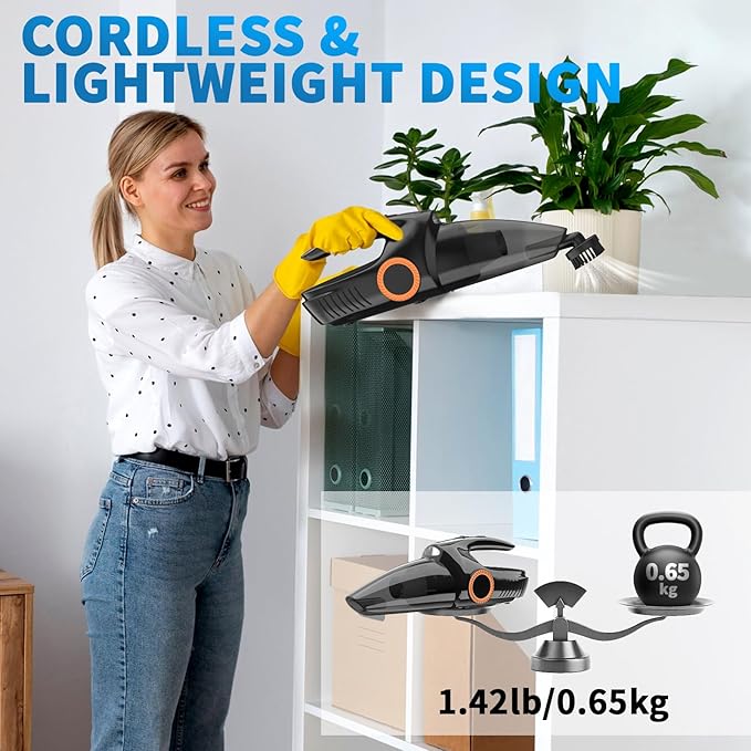 NHOWIN Handheld Vacuum Cordless, 9500PA Portable Handheld Vacuum with LED Light & 2 Filters Powerful Suction Car Vacuum Rechargeable Hand Held Vacuum Cordless for Home Office Kitchen Car Pets