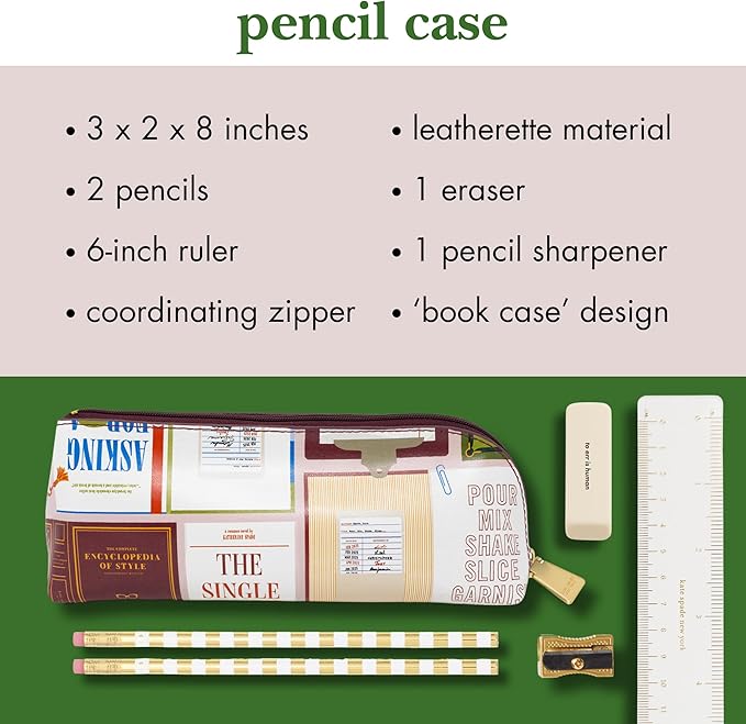 kate spade new york Pen and Pencil Case with Office Supplies, Zip Pouch Includes Pencil Sharpener, Eraser, Ruler, and 2 Wooden Pencils (Book Club)