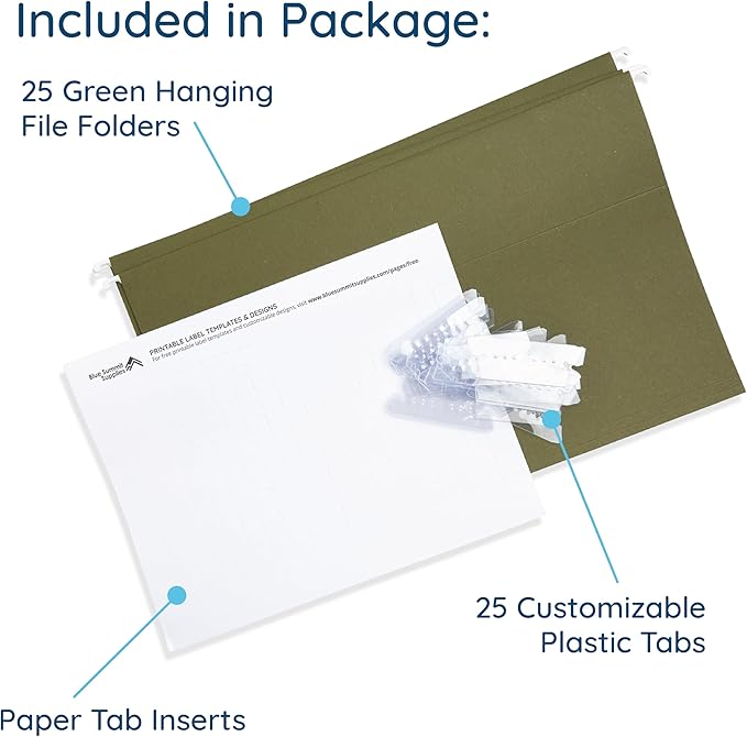 25 Blue Summit Supplies Legal Size Hanging File Folders – Standard Green Hanging File Folders Legal Size, Durable 12pt Paper with Plastic Tab and Paper Inserts Included