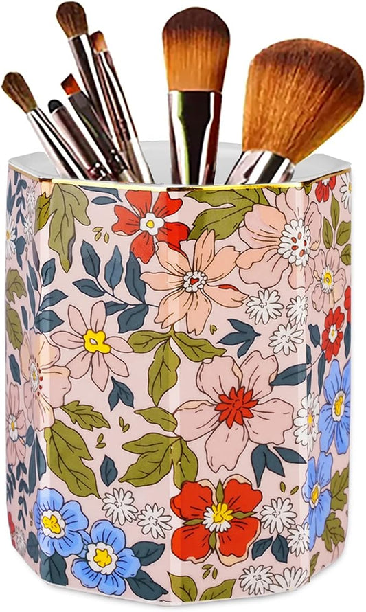 Jwest Pen Holder, Makeup Brush Holder Ceramic Shiny Gold Vintage Floral Flowers Pattern Pencil Cup for Girls Kids Women Durable Stand Desk Organizer Storage Gift for Office, Classroom, Home Pink