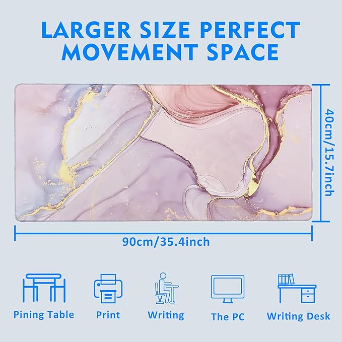 Large Extended Mouse Pad Abstract Pink Marble Desk Mat,Large Gaming Mouse Pad,Big Desk Pad with Thick Stitched Edges Suit for Home Office or Gaming 35.4x15.7 Inch