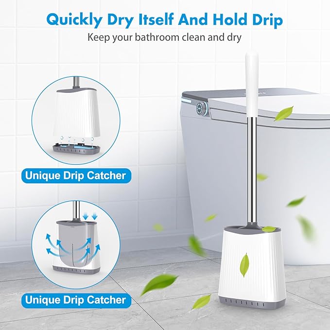 Toilet Brush, Silicone Toilet Brush and Holder Set, Flexible Toilet Bowl Brush Head with Ventilated Holder, Wall Mounted Compact Toilet Scrubber Set for Bathroom Cleaning (1, White)