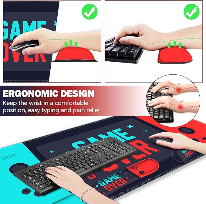 ARTSO Large Gaming Mouse Pad, Keyboard Wrist Rest Pad & Wrist Support Mousepad Set, Stitched Edge, Extended, Non-Slip Base, Memory Foam Desk Mat, Green Red Game Console
