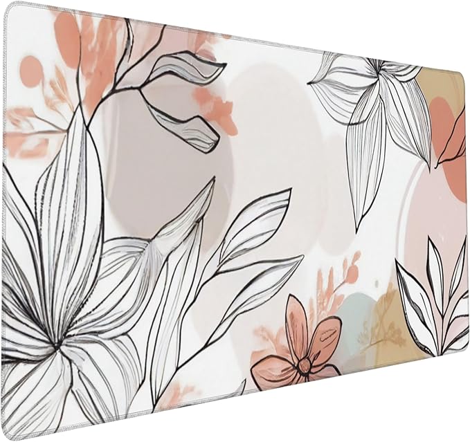 Large Gaming Mouse Pad for Desk, Abstract Flowers and Leaves Desk Mat for Desktop, Non-Slip Rubber Base Stitched Edges Long Computer Keyboard Mouse Mat Desk Pad for Home Office Gaming 35.4"X15.7"