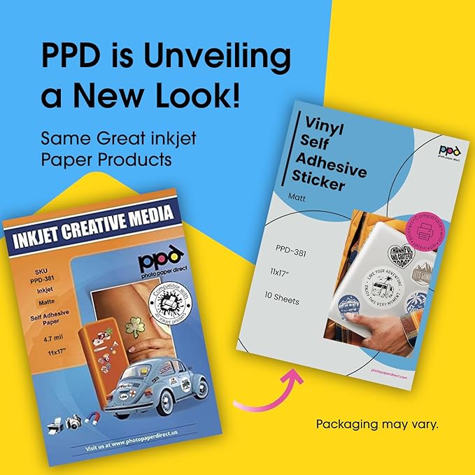 PPD Printable Vinyl Sticker Paper for Inkjet Printer, Matte Sticker Paper 11 x 17, Self-Adhesive Print Your Own Stickers at Home, Custom Photo, Waterproof & Tear Resistant, Instant Dry (10 Sheets)