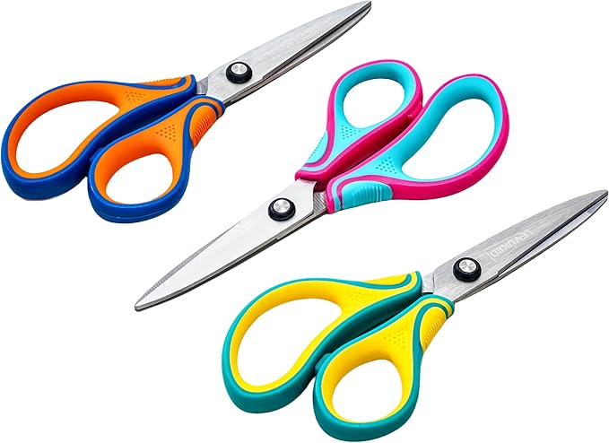 6.5-Inch Kids Scissors for Ages 8-12,pointed tip child scissors, Three Color Handles, Craft Cutting Tool