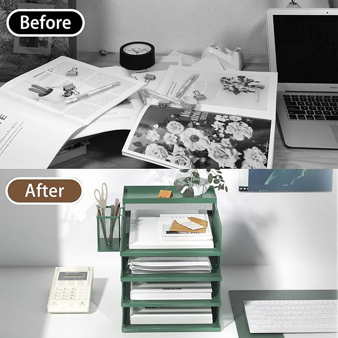 Stackable Letter Trays, 4 Tier Metal Paper Tray & Desk Organizer, Stackable File Trays for Office & Home, Multi-Functional Document Tray with Fine Grid Design & Magnetic Labels,Green