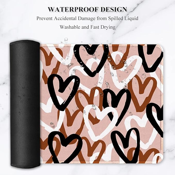 Auhoahsil Large Mouse Pad, XXL Desk Pad, Extened 35" x 15", Non-Slip Rubber Base, Stitched Edges, Superior Surface, Waterproof Keyboard Mat, Large Mousepad for Gamer, Office & Home, Brown Heart