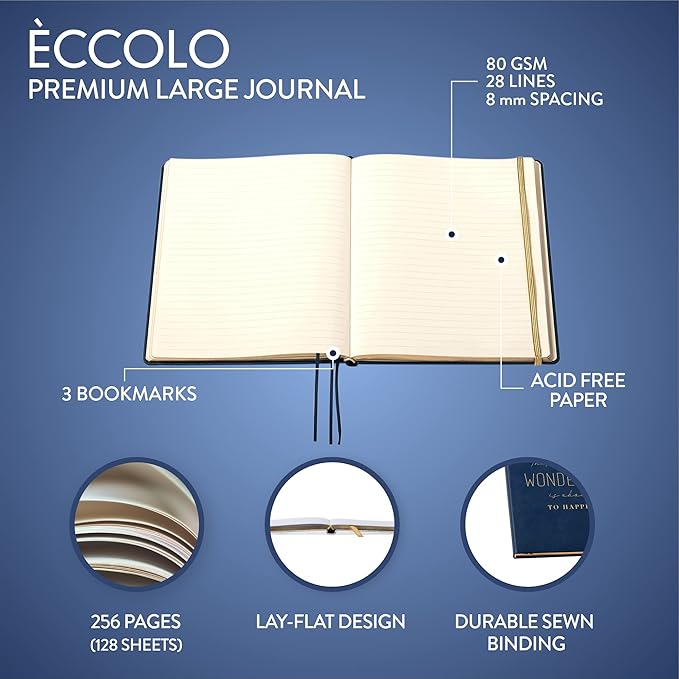 Eccolo Large Lined Journal Notebook, Flexible Cover, Writing Journal, 256 Ruled Ivory Pages, Ribbon Bookmark, Lay Flat, Desk Size for Work or School, Size 8X10, Always Believe