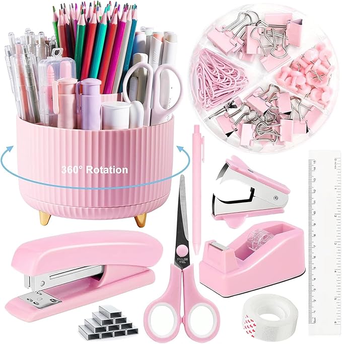 10pcs Office Staffs Desk Accessories, Pink Office Supplies Set for Women, Desk Organizer with Stapler, Staple Remover, Tape Dispenser, Tape, 360° Pen Holder, Scissor, Ruler, Ballpoint Pen, Clips
