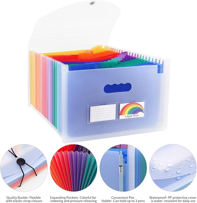 Uquelic Accordion File Organizer, Legal File Folder with 24 Pockets, Expanding File Folder with Color Index& Elastic Strap, A4 Document Folder for Receipt, Bills, Important Documents (Clear)