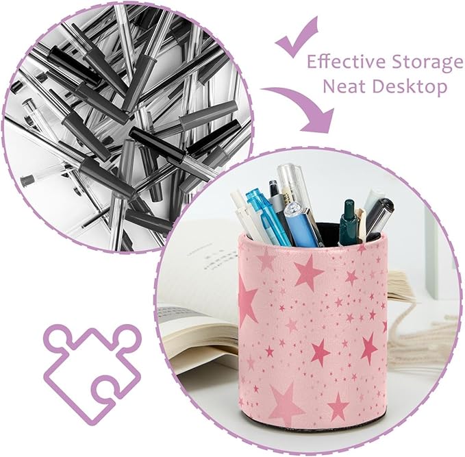 Pen Holder Pencil Holder for desk, Round Desktop Organizer Star Pink Pencil Cup for Office, School, Home and Stationary Supplies